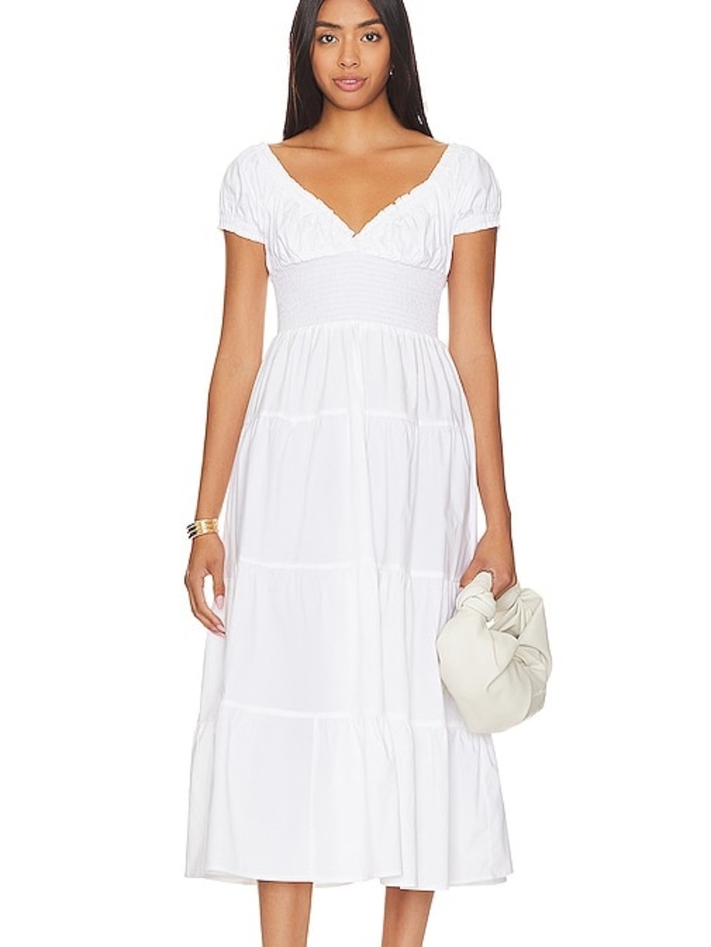 WE WORE WHAT Puff Sleeve Smocked Midi Dress in White